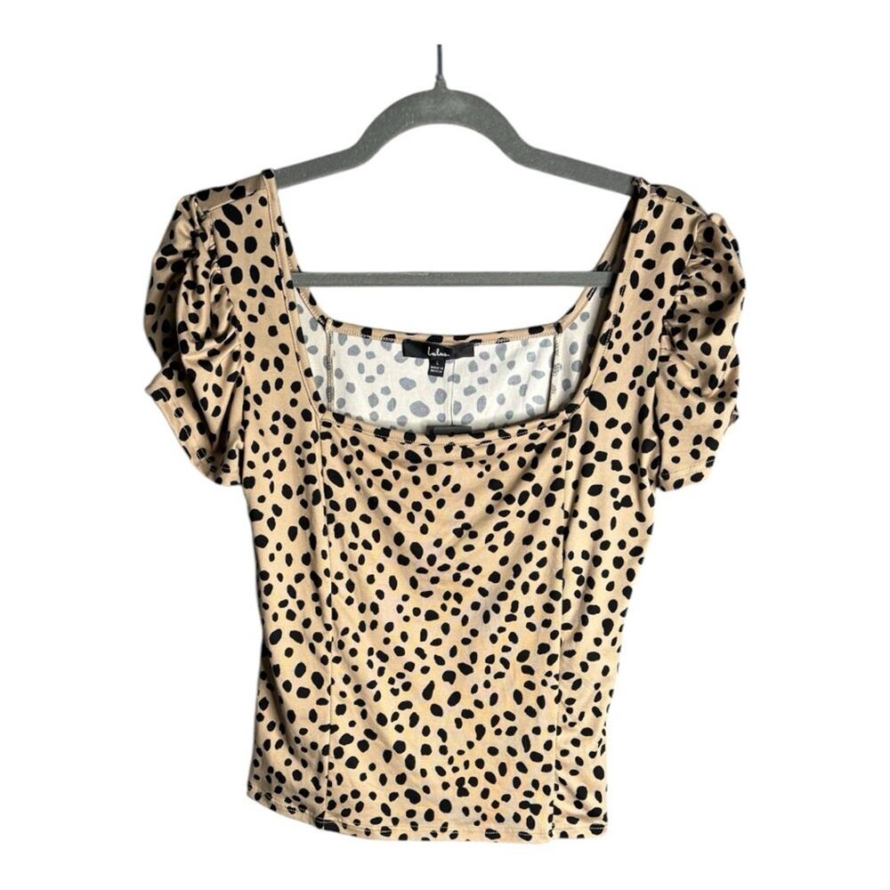 Lulu’s Tan and Black Leopard Print Blouse With Puff Sleeves & Square Neck L